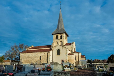 Mazerier village. Painted church St. Saturninus Church. Allier department, Auvergne Rhone Alpes,