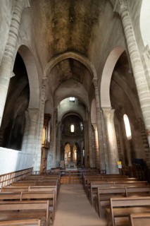 Interior of St Vincent's Abbey Church of Chantelle. Allier department. Auvergne Rhone Alpes. France