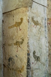 Mazerier village. Murals of painted church St. Saturninus, The pheasant hunting. Allier department,