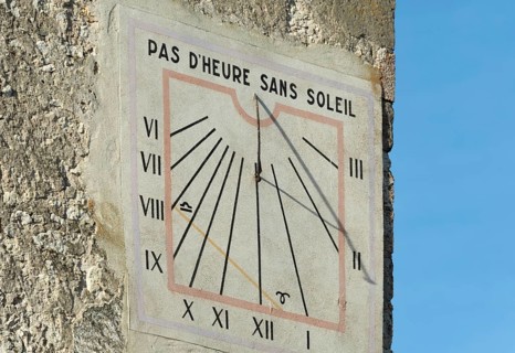 Charroux. Sundial on belfry. Allier department. Auvergne-Rhone-Alpes.France. Europe