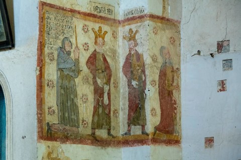 Mazerier village. Murals of painted church St. Saturninus Church. Adoration of the Magi. Allier