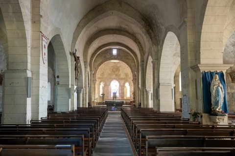 Interior of St Mazeran's Church of Bout-Vernet. Allier department. Auvergne Rhone Alpes. France.