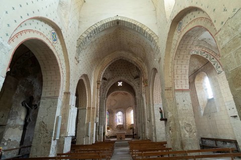 St Cyr and St Julitte's Church, roman church of Escurolles. Nave, Allier department, Auvergne Rhone