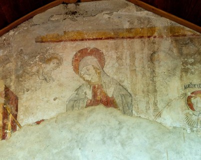 The Annunciation. Painted church St Aignan's, Church of Begues. Allier department. Auvergne Rhone