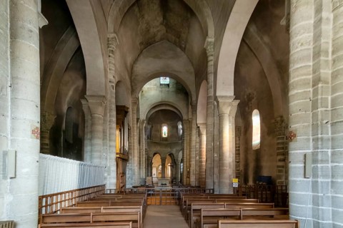 Interior of St Vincent's Abbey Church of Chantelle. Allier department. Auvergne Rhone Alpes. France