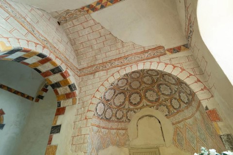 Wall paintings. Painted church St Aignan's Church of Begues. Allier department. Auvergne Rhone