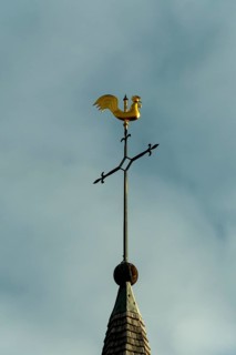 A gold rooster weather vane sits on top of a steeple with a blue sky background. The weather vane