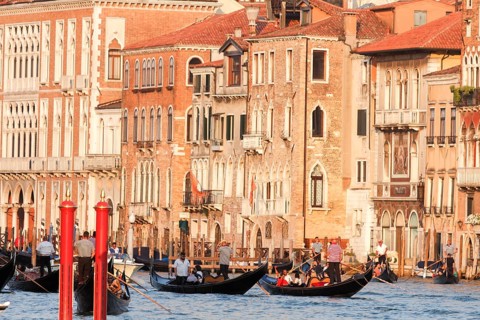 Gondolas and palaces on the Grand Canal, Venice, Veneto, Italy