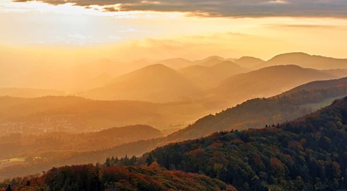 View of an autumnal forest from the Gisliflue, behind the Jurassic foothills in the light of the