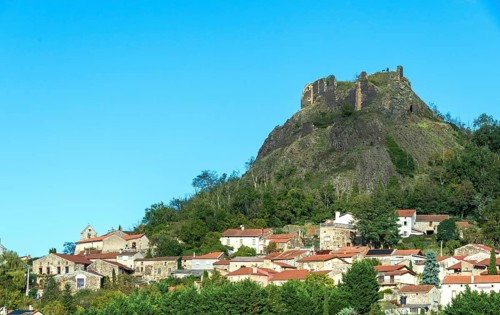 Buron village and his castle. Puy de Dome. Auvergne Rhone Alpes. France