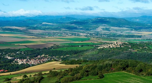 Limagne plain with the villages of Coudes and Montpeyroux. Puy de Dome. Auvergne Rhone Alpes.