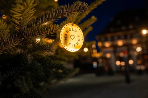 A festively decorated Christmas tree at night with warm lights and blurred background, Nagold, Calw