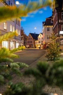 Evening pedestrian zone with decorated fir trees and illuminated shops, Nagold, Calw district,