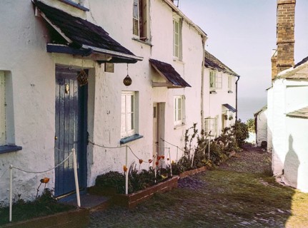 Historic building soon cobbled street in coastal village of Clovelly, north Devon, England, UK
