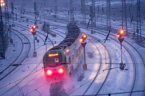 Winter weather, snowfall, regional train train, regional traffic, on the route east, in front of