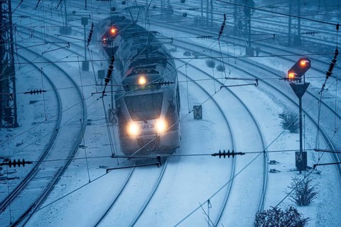 Winter weather, snowfall, VIAS regional express, regional traffic, on the route east, in front of