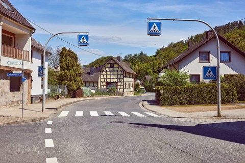 Pedestrian crossing, zebra crossing, traffic sign pedestrian crossing, residential building,