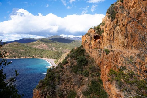 View of the Gulf of Porto and the bizarre rock erosions of the Calanche, Les Calanches de Piana,