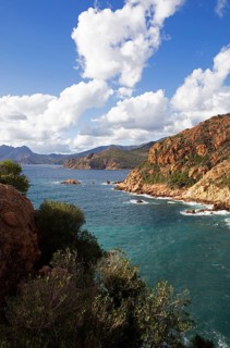 View of the Gulf of Porto and the bizarre rock erosions of the Calanche, Les Calanches de Piana,
