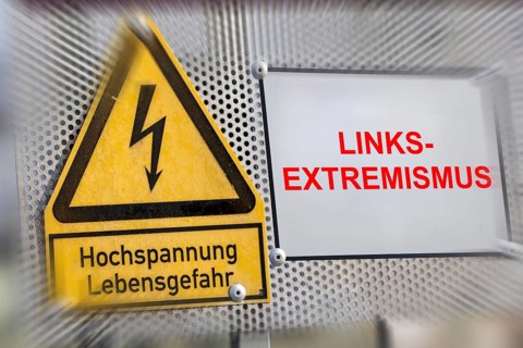 (photo montage) Sign with the words LEFT-WING EXTREMISM next to a warning sign for high voltage