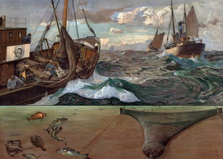 Deep-sea fishing, deep-sea fishing in 1913, fishing boats, Atlantic, authentic reproduction of a