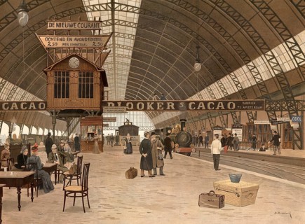 Amsterdam Central Station, 1901, Netherlands, Holland, authentic reproduction of a school mural,