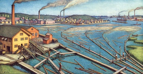 At the mouth of Kymijoki, river in southern Finland, 1900, timber industry, sawmill, logs are