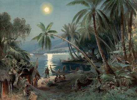 Nighttime with natives on Samoa in Polynesia, around 1905, authentic reproduction of a school