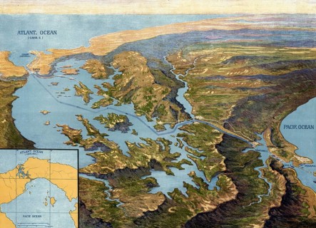 Panama Canal in 1913, map, Panama, authentic reproduction of a school mural, historical, exact date