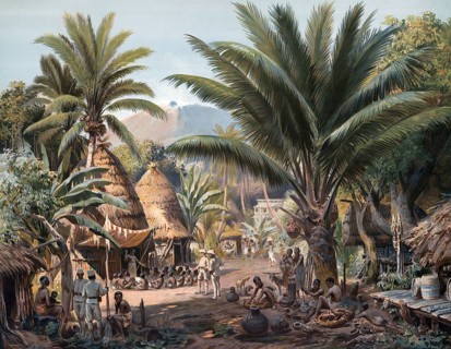 Village in Cameroon, natives and German troops in one place, German colony, 1905, authentic
