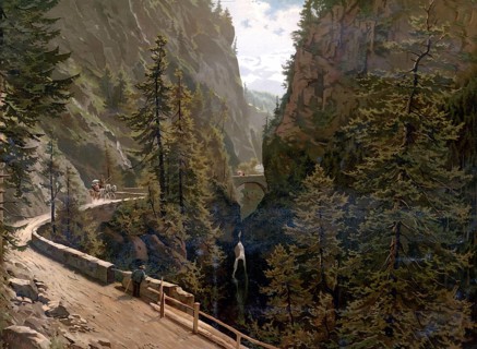 Via Mala, historically notorious section of trail, in 1890, Grisons, Switzerland, authentic