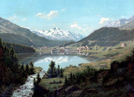 St. Moritz in Switzerland around 1890, authentic reproduction of a school mural, historical, exact