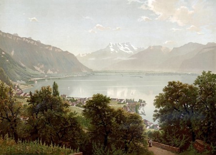 Lake Geneva in 1890, Switzerland, authentic reproduction of a school mural, historical, exact date
