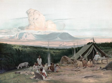 Research camp with natives, German East Africa, today Tanzania, 1905, authentic reproduction of a