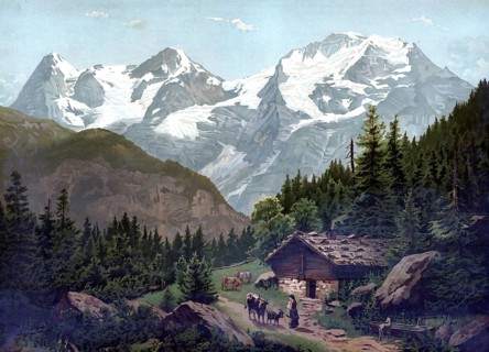 Eiger, Mönch and Jungfrau, Alps, 1891, Bernese Alps, Switzerland, authentic reproduction of a