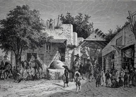 Scene in the Tunis bazaar, customers and dealers, camels, around 1880, Tunisia, lively market scene
