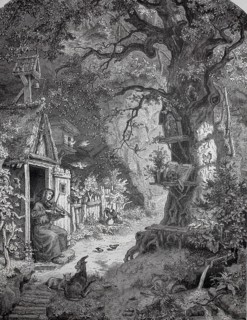 Hermit in a hut in the forest, playing the violin, in the surrounding area many devotional objects