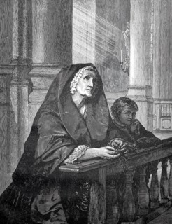 In prayer, mother and son are in church praying a rosary, 1880, Germany, older and younger person