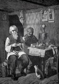 A farming family in their room, man and woman sitting at a table, 1880, Russia, Elderly couple in
