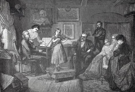 The little musician, girl playing the violin in front of the family, accompanied on the piano by