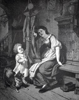Where am I, mother playing hide and seek with her child, mother with child and dogs in front of a