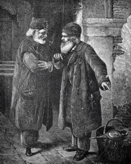 Two veterans, two old bearded men talking on the street, around 1880, Two elderly men in friendly