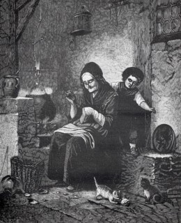 Old woman doing sewing work, sitting at the stove while a girl plays on the cats with balls of