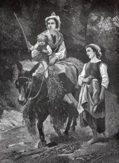 Home from working in the fields, two woman and a child come back from the field with the donkey, a