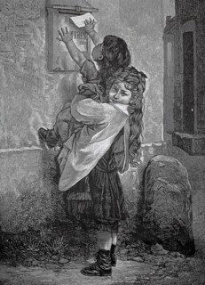 At the mailbox, girl picks up her little sister so she can drop in a letter, 1880, France, An older
