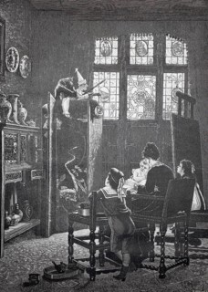 Puppet theatre, puppet theatre, children watch a puppet show, a family is sitting eating and a