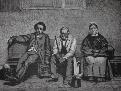 People in the fourth-grade waiting room at the train station, three people sitting waiting on a