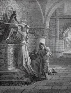 The crusader says farewell to the family in church, around 1100, France, A scene in a royal palace