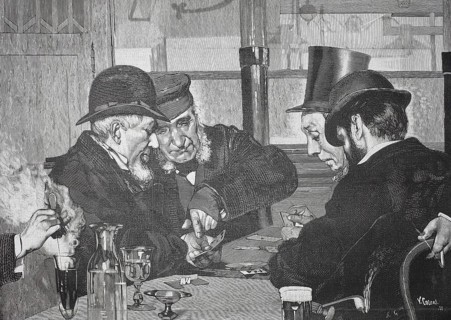 Four men playing cards in a tavern, 1880, Germany, men playing cards concentrated in a cozy room,