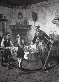 Family with three children in a farmhouse room, the children playing with a seesaw, 1880, Germany,
